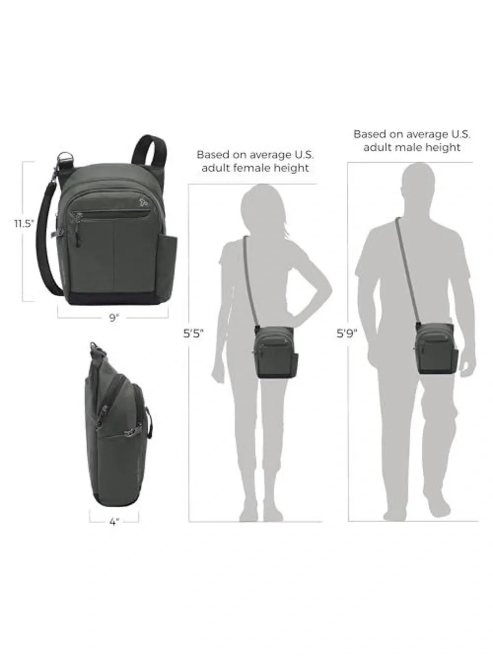 Travelon Active Tour Bag Charcoal Men's Crossbody Sling Bag Anti-Theft Unisex